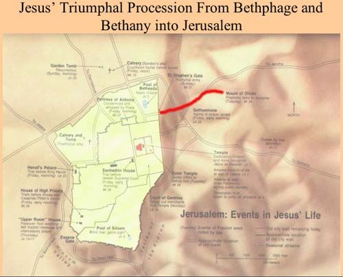 Mapa da procissão triunfal de Jesus, de Betfagé e Betânia até Jerusalém.