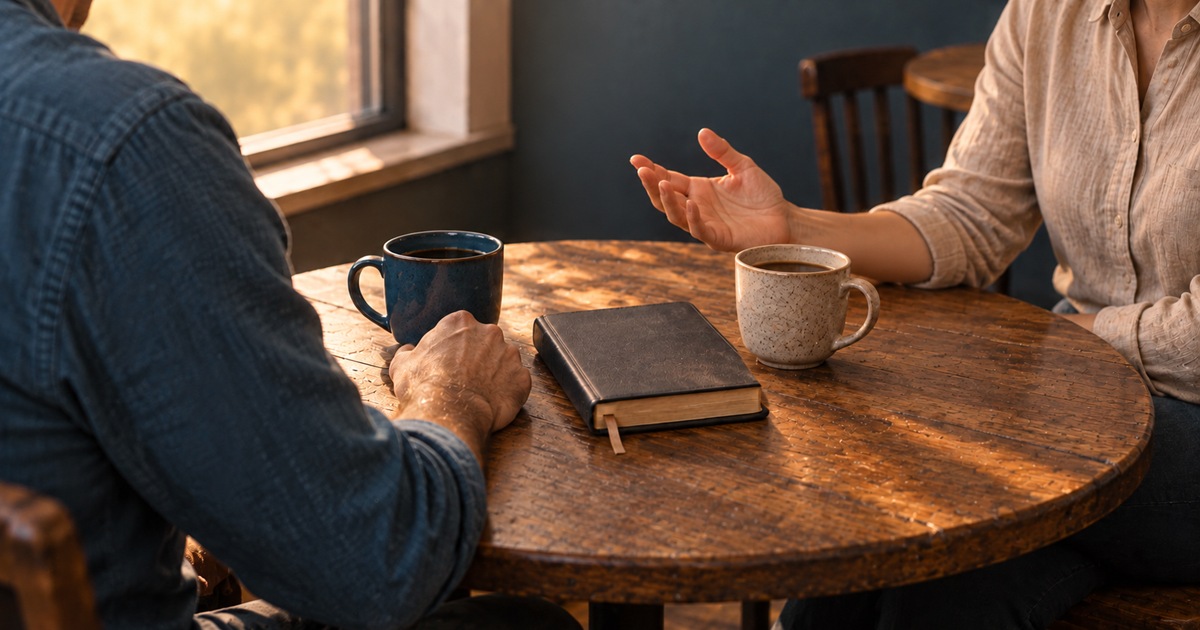 Duas pessoas vistas de lado conversam em um café, com xícaras e uma pequena Bíblia sobre a mesa.