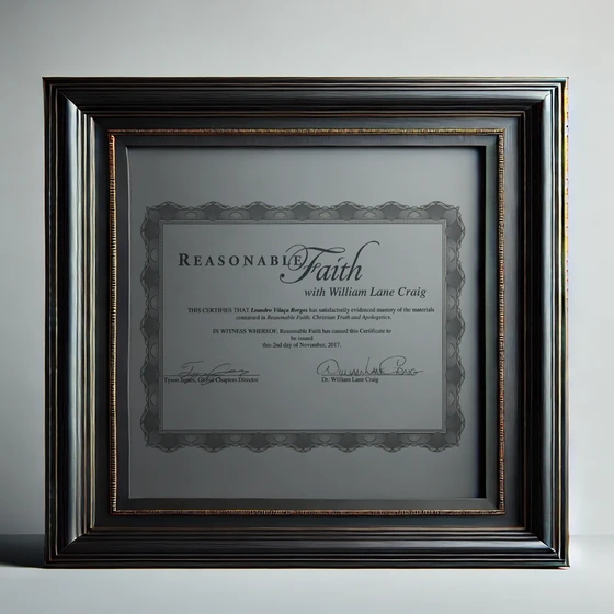 Certificado de Diretor de Núcleo do Reasonable Faith, assinado pelo Dr. William Lane Craig