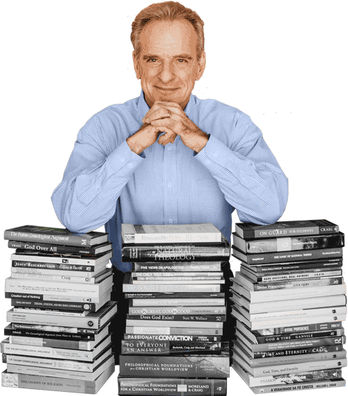 William Lane Craig apoiado em uma pilha de livros